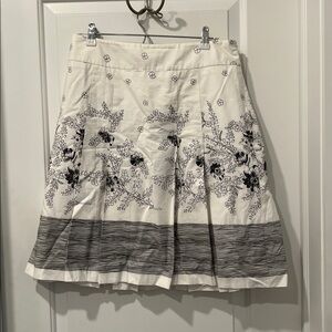 LOFT White Pleated Skirt with Black Floral Design